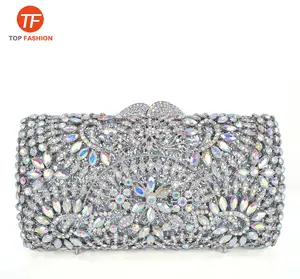 Dompet genggam berlian imitasi kristal mewah tas malam bunga perak untuk pesta pernikahan grosir dari pabrik Cina