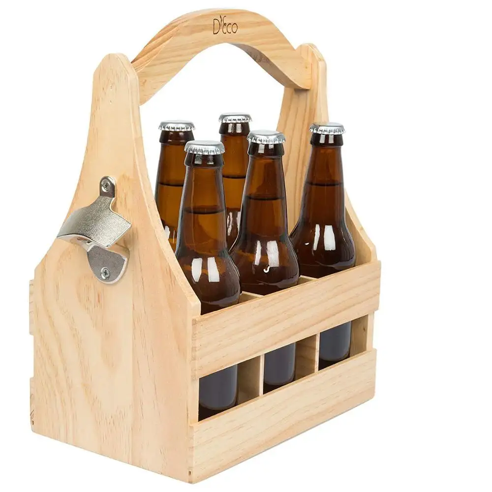 カスタム天然未完成パイン木製ビールカトラリーキャディホルダー6パック木製ビールボトルキャリア