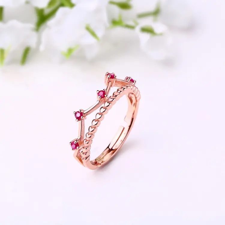 Rose Gold Heart Band 925 Sterling Silver Crown Ruby Ring