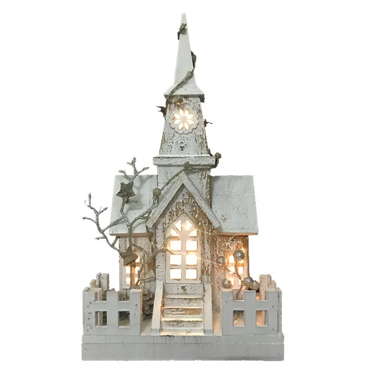 Custom Noel tabletop Wooden LED lighted church house indoor decor wholesale Christmas item