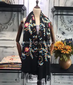 New stylish supplier nice womans twill acrylic shawls stoles echarpe cashmere feeling flowers embroidery winter pashmina scarfs