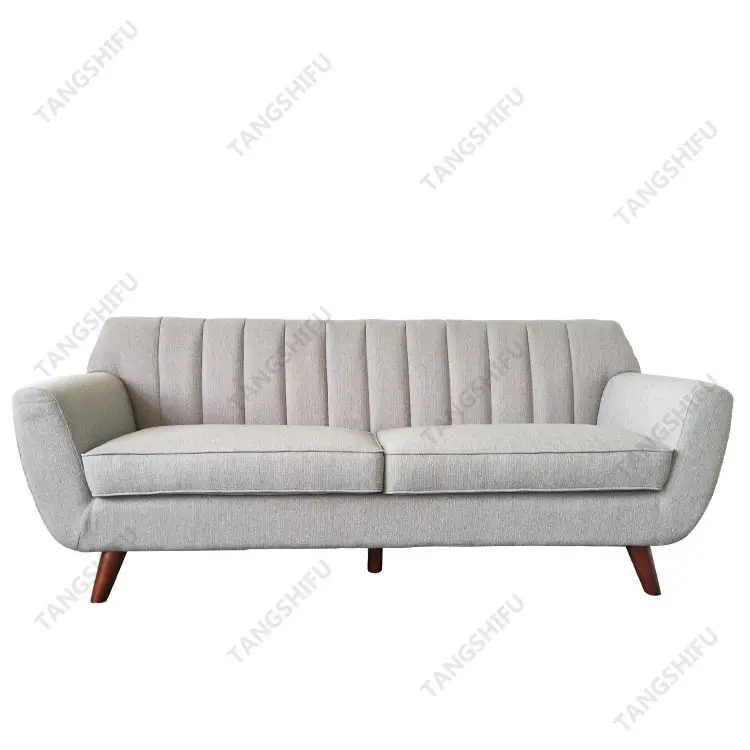 Mid Century hotel furniture dua kursi cherry kayu karet kaki abu-abu linen atau kulit sofa