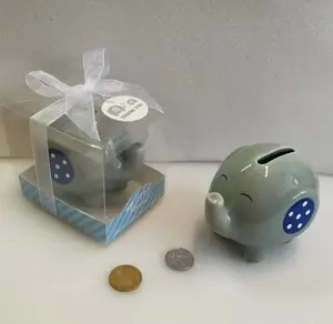 婴儿淋浴礼品浅蓝色主题陶瓷迷你优雅大象货币银行