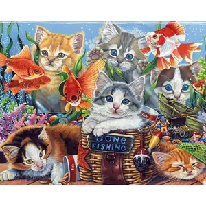 Vierkante 5d Acryl Diamond Painting Ab Boren Katten Verdwenen Vissen Cartoon Dier Diamant Schilderij Volledige Boor Groothandel