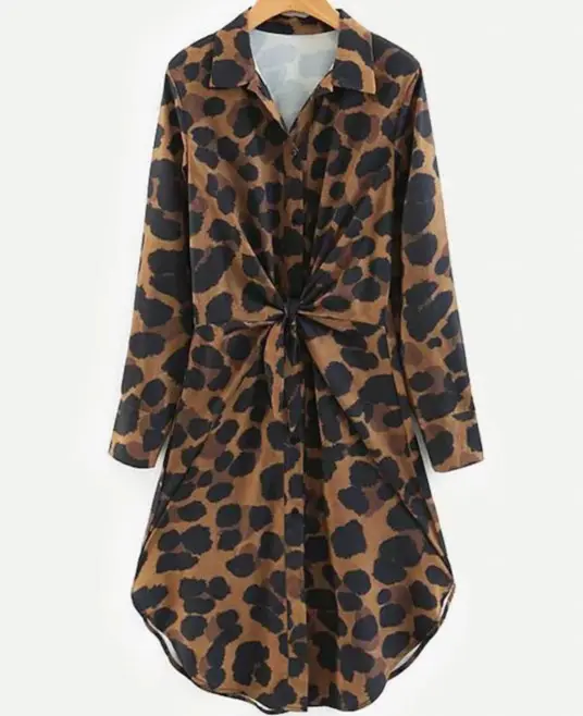 Venda quente mulheres camisa estampa de leopardo frente nó <span class=keywords><strong>vestido</strong></span>
