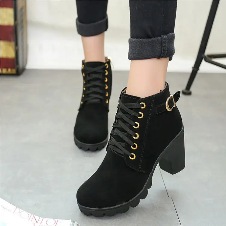 Women Boots High Heel Lace Up Ankle Boots Ladies Buckle Platform Shoes