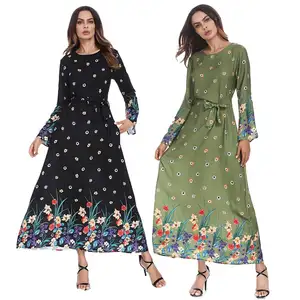 Muslim Women's Aline Dress O Neck Floral Casual Maxi Long Dress
