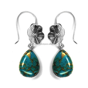 Pendiente de Plata de Ley 925 clásico azul cobre turquesa piedra preciosa moda boda fiesta aniversario regalo mujeres alto - Product Image 1