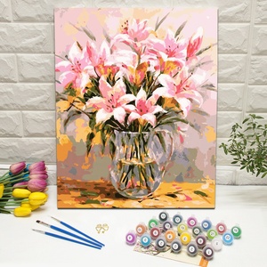 Lys roses dans un vase en verre, art mural encadré à faire soi-même pour le salon, kits de peinture par numéros - Product Image 1
