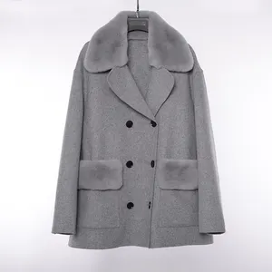 Online Wholesale Europe USA Fashion Cashmere Long Women Wear Wool Blend Coat Overcoat Jacket with Fur Cuffs