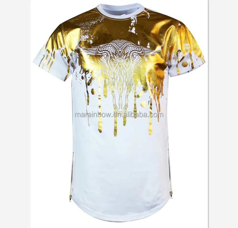 Kaus Panjang Cetakan Foil Emas Digital Metalik, Kaus Memanjang dengan Ritsleting Samping Bergaya Garis Panjang dengan Ritsleting Modis