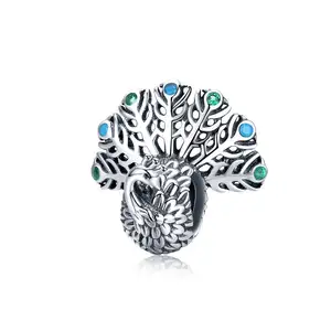 Bagreer Opening Peacock Metal Beads Charm SCC1260 925 Sterling Silver Fashion DIY Beaded Bracelet Jewelry Accessories