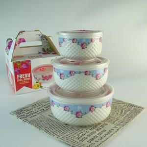 3 unids/set de cuencos crujientes de cerámica, ensaladera de cerámica fresca de porcelana, microondas, horno seguro con tapas de plástico - Product Image 3