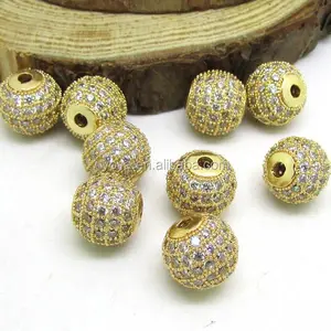 Cz6389g alta qualidade cz inposição cobre 18k ouro cz micro pave disco bola redonda, ouro zircônia cúbica contas de cobre