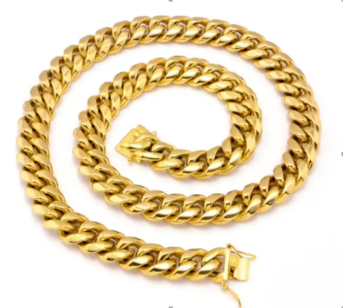 2018 vendita calda in acciaio inox gioielli 18 K oro placcato Miami Cuban link catena collana e bracciale SSCN--004