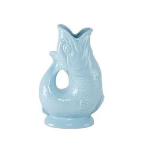 Classic Yellow White Blue Fish Design Water Pitcher Ceramic Guggle Jug