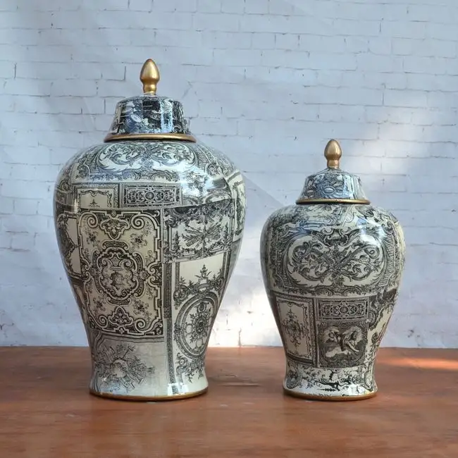 Tinh Tế Cổ Trung Quốc Trang Trí Sứ Temple Jar Bán Buôn Lớn Màu Xám Gốm Gừng Jar