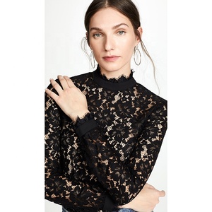 Autunno donna taglie forti camicie Casual a maniche lunghe top in pizzo nero con modello solido comode camicette da donna - Product Image 2