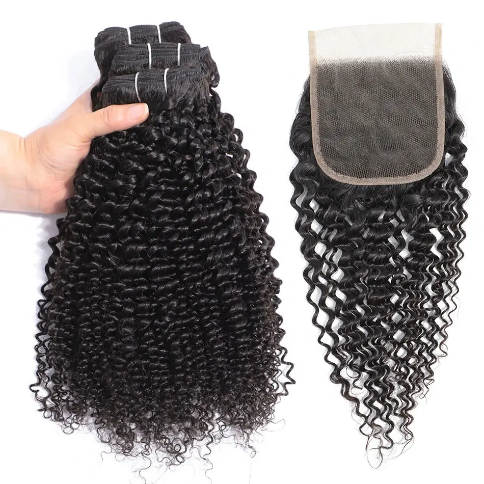 Mongolian 20 Inch 4C Afro Kinky Curly Virgin Human Hair Weave With Silk Base Full Lace Closure For Black Women