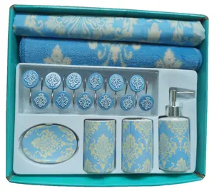 Bathroom Accessories Set Include Polyester Shower Curtain and Bath Mat and Resin Hook and Ceramic Accessories Set of 18