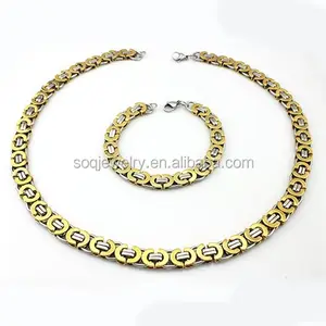 2023 Jewelry Sets Stainless Steel Two Tone Flat Byzantine Chain Necklace + 18k Gold Silver Cuff Bracelet