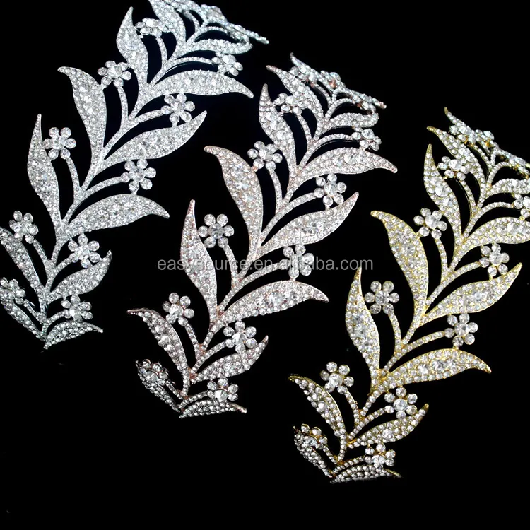 RE485 Hiasan Kepala Pengantin Kristal Daun Tiara Emas Mawar Berlian Imitasi Perhiasan Rambut Pernikahan