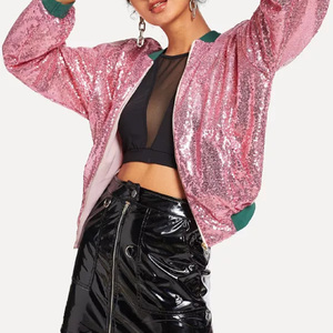 Ladies Fashion Baseball Collar Ribbed Trim <strong>Sequin</strong> Detail Bomber <strong>Jacket</strong> Bling Night Out Zip up <strong>Sequin</strong> <strong>Jacket</strong> - Product Image 3