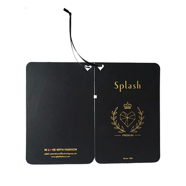 Custom embossed brand logo gold foil hang tags with string personalized hang tags for garment