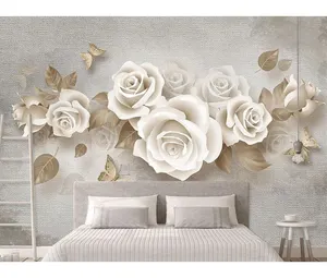 Murales de pared de rosas en relieve 3D, papel tapiz retro europeo para decoración del hogar