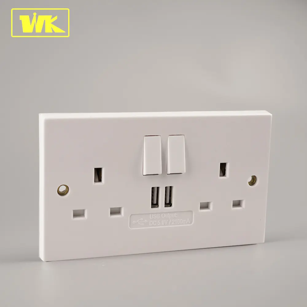 Square Edge 2 Gang 13A British Standard Switch Socket With USB Wall Double Socket