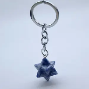 Chaveiro com pedra preciosa, chaveiro com pedra de veia azul, de cristal natural, quartzo, merkaba, estrela, artesanato