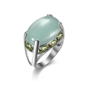 Onier-Anillo de jade natural plateado para mujer, sortija de jade natural, Esmeralda, diseño de piedra grande, 925