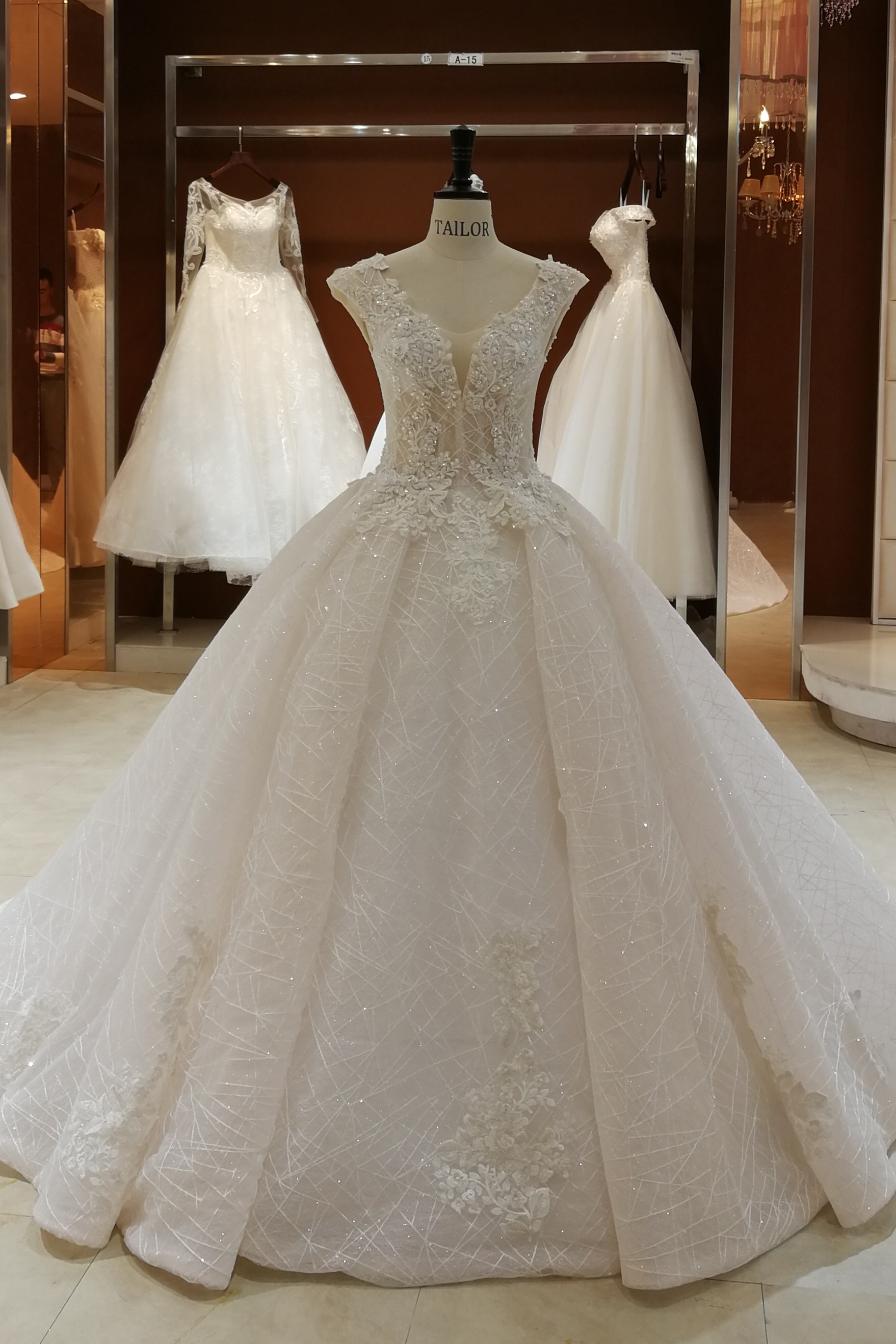 Luxurious Chinese Import Lace Ball Gown Wedding Dress - V-Neck, Custom Size, Beaded Appliques, Floor-Length, Ivory Luxurious Chinese Import Lace Ball Gown Wedding Dress - V-Neck, Custom Size, Beaded Appliques, Floor-Length, Ivory