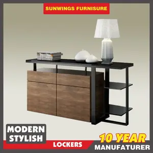 Gabinete lateral de madera al por mayor de diseño de metal marco tablero lateral con tapa de cristal