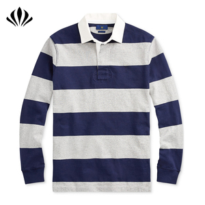 Chemise Rugby à Rayures Gris/Marine Coupe Classique pour Homme Polo Manches Longues en Jersey de Coton 100%