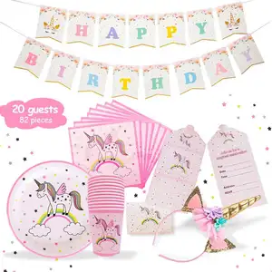 Unicorn Perlengkapan Pesta Set Unicorn Banner Serbet Kertas Cangkir Plate untuk Anak-anak Ulang Tahun Shower Bayi Grosir