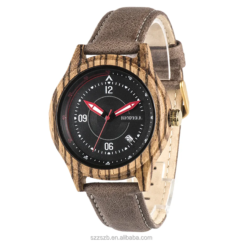 BEWELL באתר הרשמי של מוצרים חדשים עיצוב ייחודי Mens שעון יד קוורץ רצועת עור אמיתי עץ שעונים