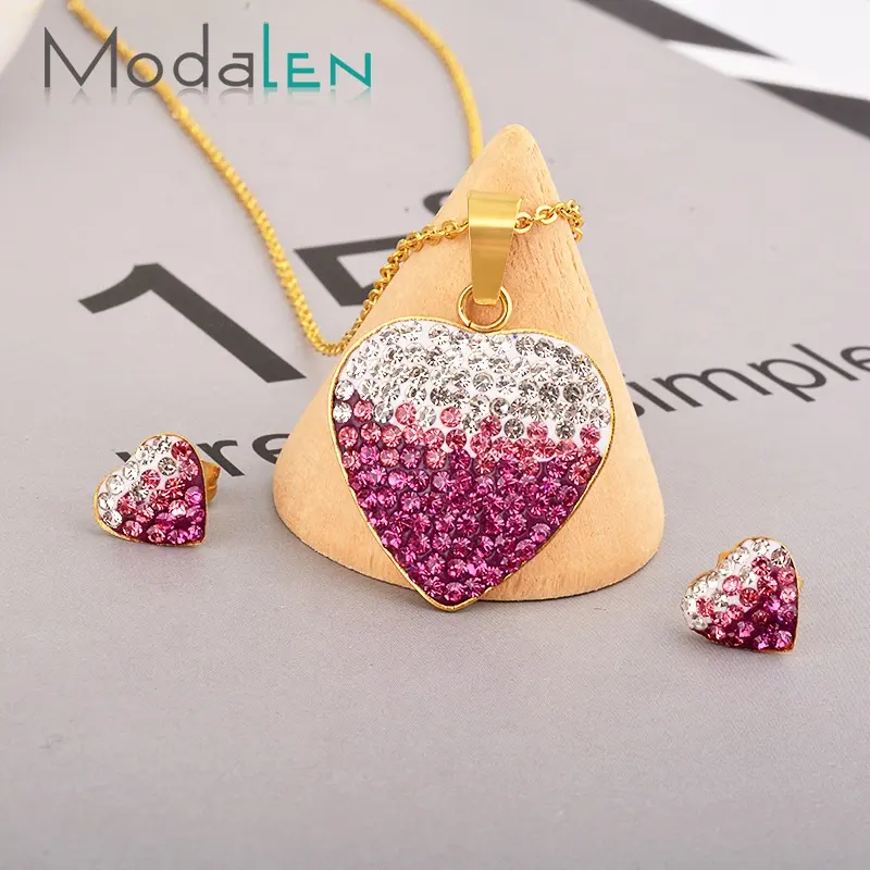 Modalen En Forme de Coeur Inoxydable Coloré Strass Or Ensemble de Bijoux Femme