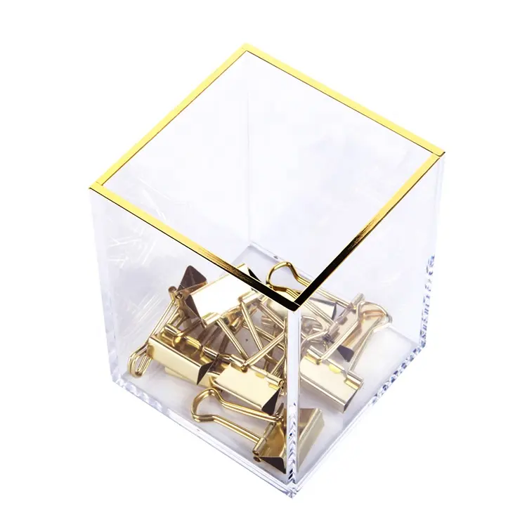אקריליק זכוכית ברור עט סיר מברשת מחזיק קליפ אחסון תיבת עם קצה זהב