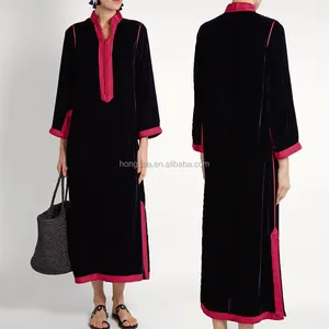 New model mandarin collar pink ribbon piped embroidered neckline abaya in dubai latest long kurti designs kaftan dress HSd5311