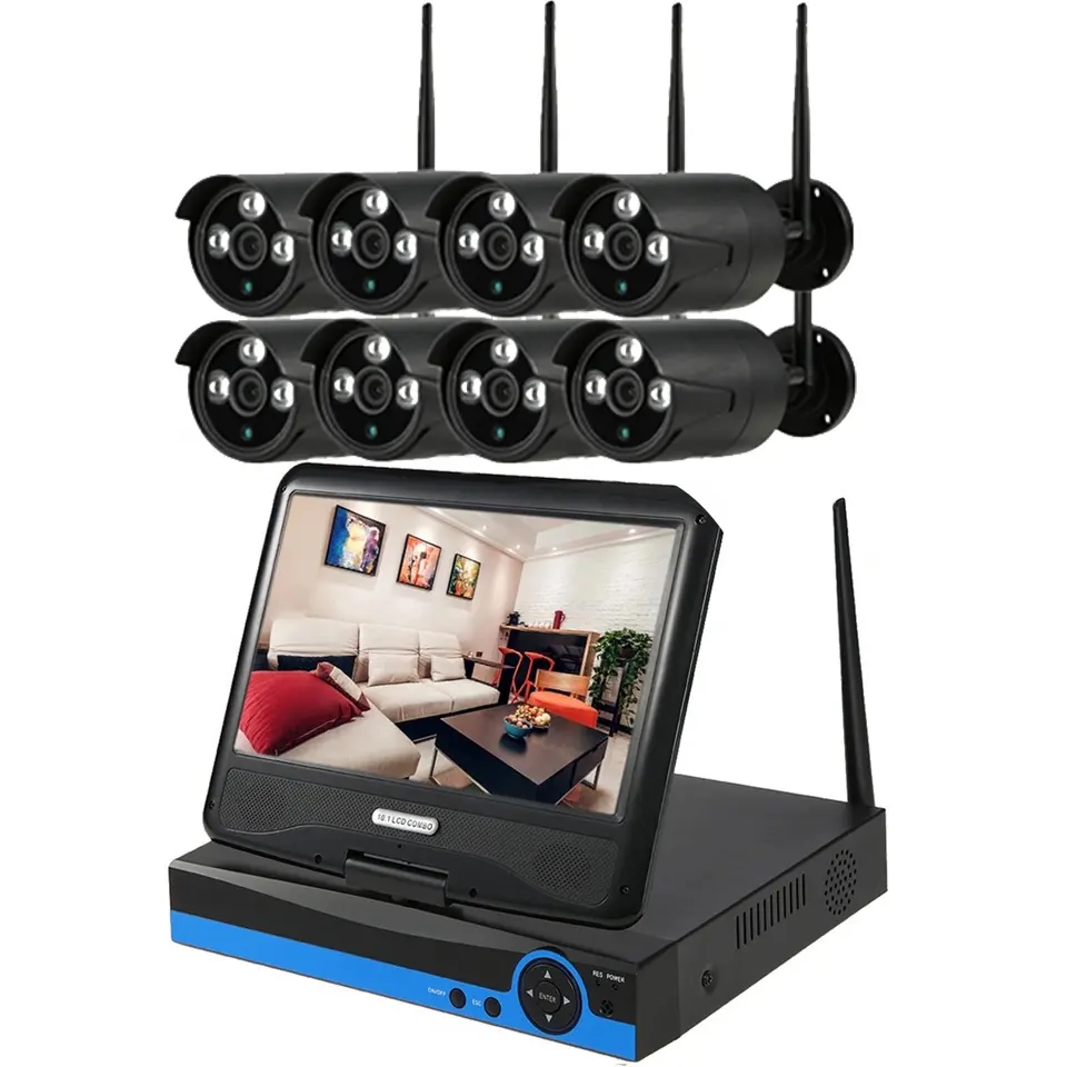 4ch 8ch CCTV Nirkabel 720P 960P H.264 1080P H.265 Monitor LCD 10.1 Inci HD Luar Ruangan IP WiFi Kit Sistem Kamera Keamanan