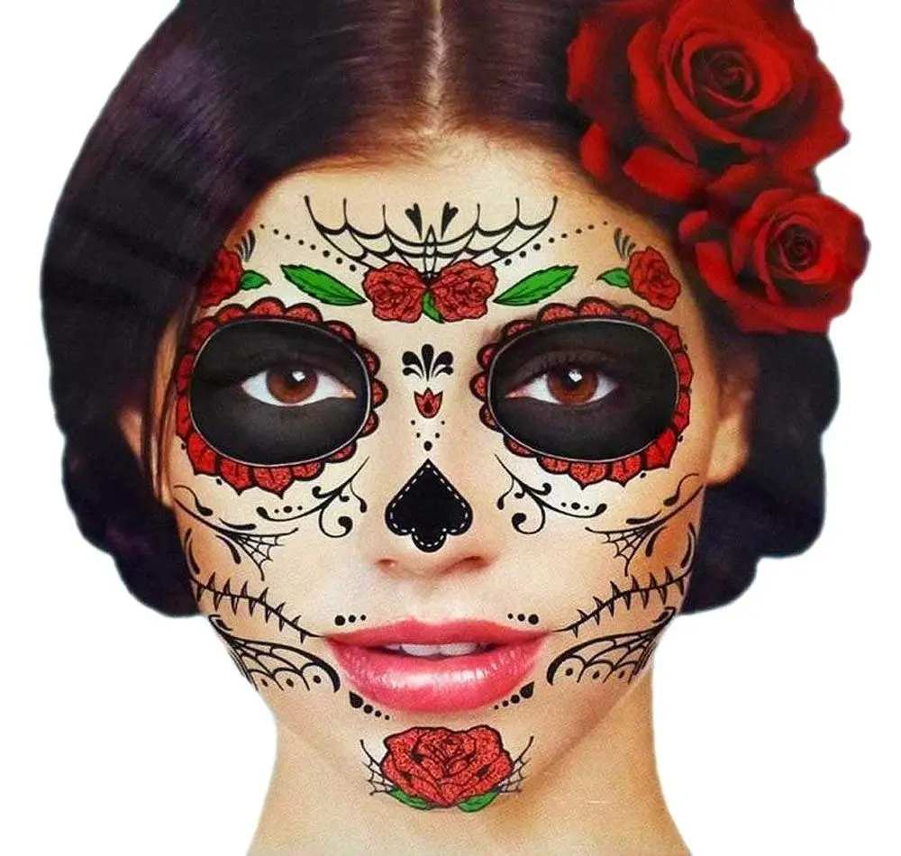 Factory Wholesale Halloween Face Tattoo Sticker Glitter Red Roses Day of the Dead Sugar Skull Temporary Face Tattoo Kit