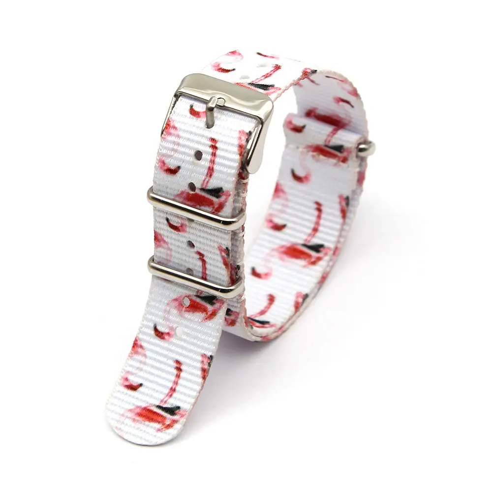 Custom Different Graphic White Flamingo Print Watch Strap 20mm One Piece Nylon Watchbands For Smart Watch