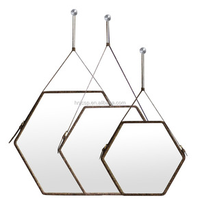 Decorativo medio hexagonal <span class=keywords><strong>colgar</strong></span> de <span class=keywords><strong>espejo</strong></span> de pared con correa de cuero - Product Image 4