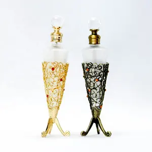 Bouteille de parfum en verre, vin haut de 25ml, métal verni arabe, Bronze doré, bouteille de parfum, atar huile essentielle dépoli, rechargeable, #5612