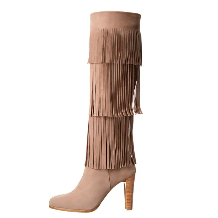 Fashion new design latest brown leather with tassel knee high heel women boots thigh high boots