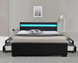 Cama de armazenamento de couro preto com led na placa de cabeça