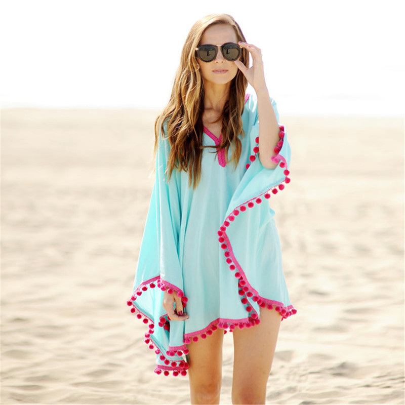 YOUME Sexy Cotton Bathing Suit Cover ups Summer Beach Dress Tassel Trim Bikini Swimsuit Cover Up Beach Wear Pareo Sarong