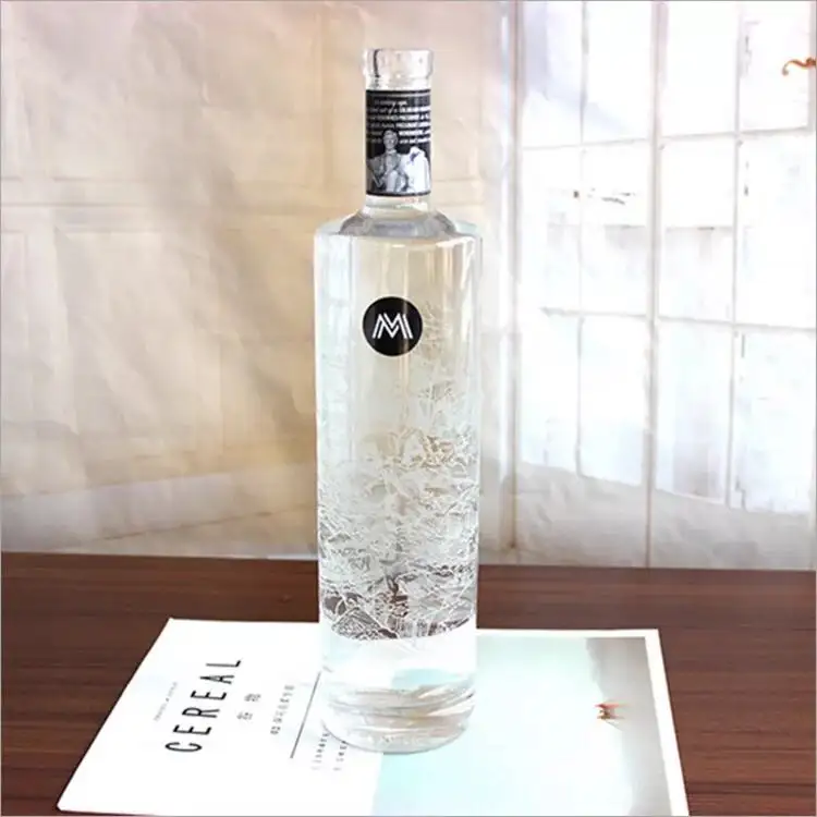 Botella de alcohol de vidrio, envase de vino de vidrio de pedernal con corcho a la venta, 750ml