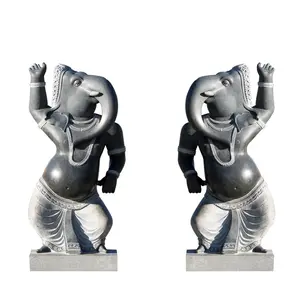 Life Size Black Marble Lord Ganesh Statue Pair Stone Indian Elephant God Sculpture